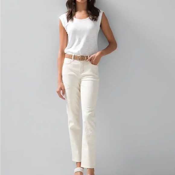 White House Black Market Denim - WHBM High Rise Straight Jeans‎ Cream color with Tonal White Floral Beading sz 8L